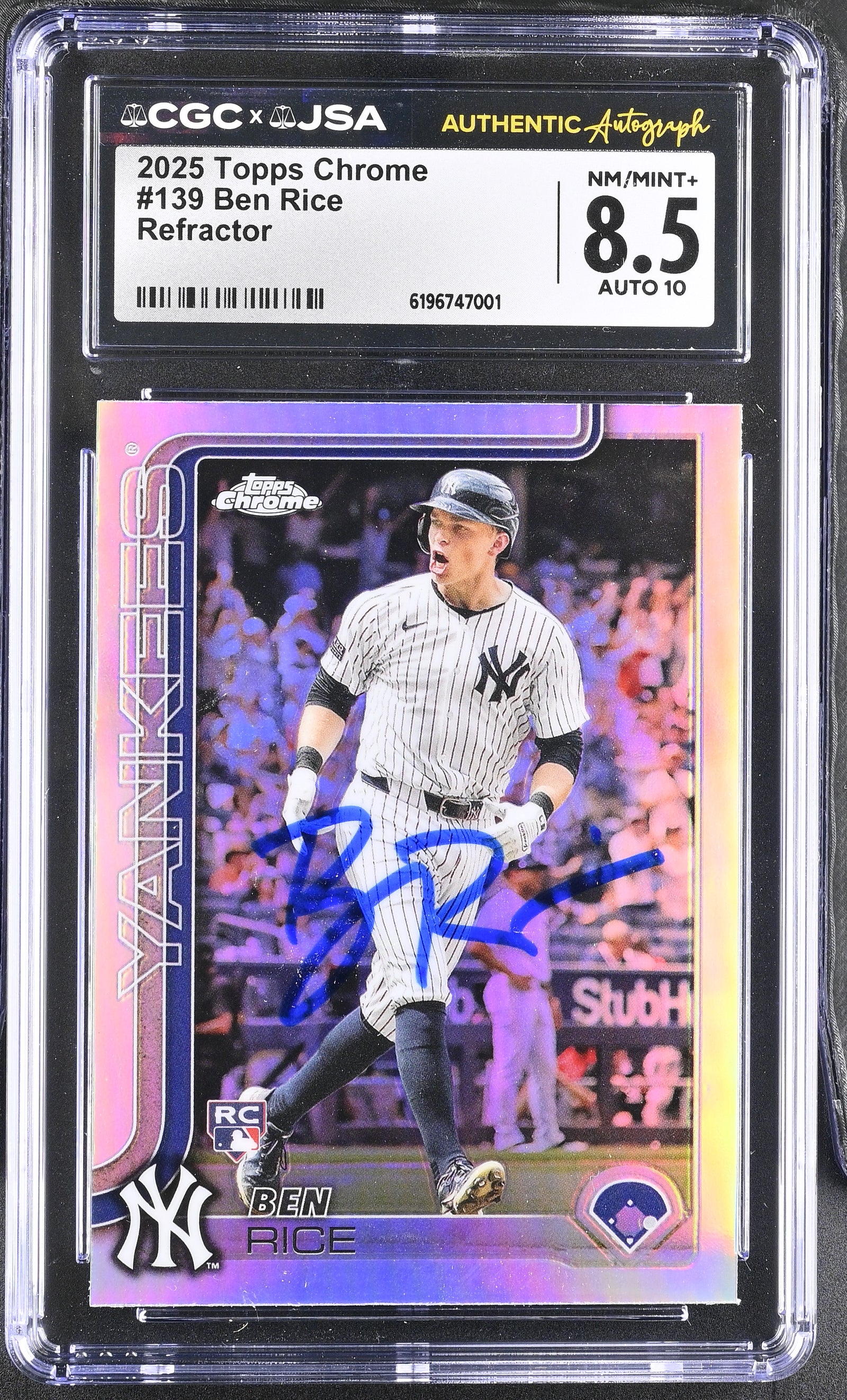 Ben Rice 2025 Topps Chrome Refractor Rookie Card #139 CGC 8.5 Auto 10 47001-Powers Sports Memorabilia