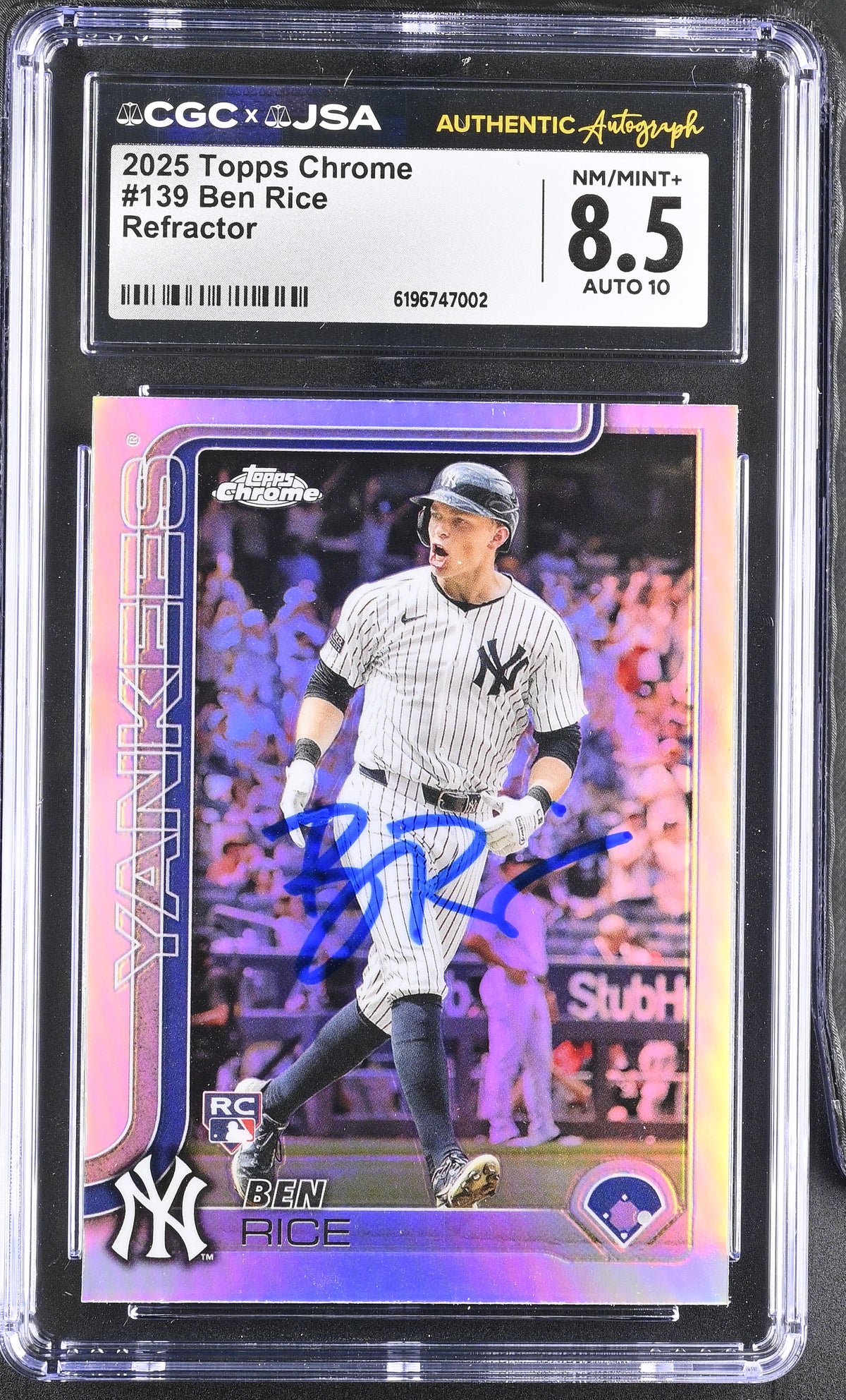 Ben Rice 2025 Topps Chrome Refractor Rookie Card #139 CGC 8.5 Auto 10 47002-Powers Sports Memorabilia