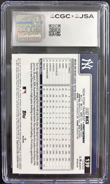 Ben Rice 2025 Topps Chrome Refractor Rookie Card #139 CGC 9 Auto 10 6747003 - additional image