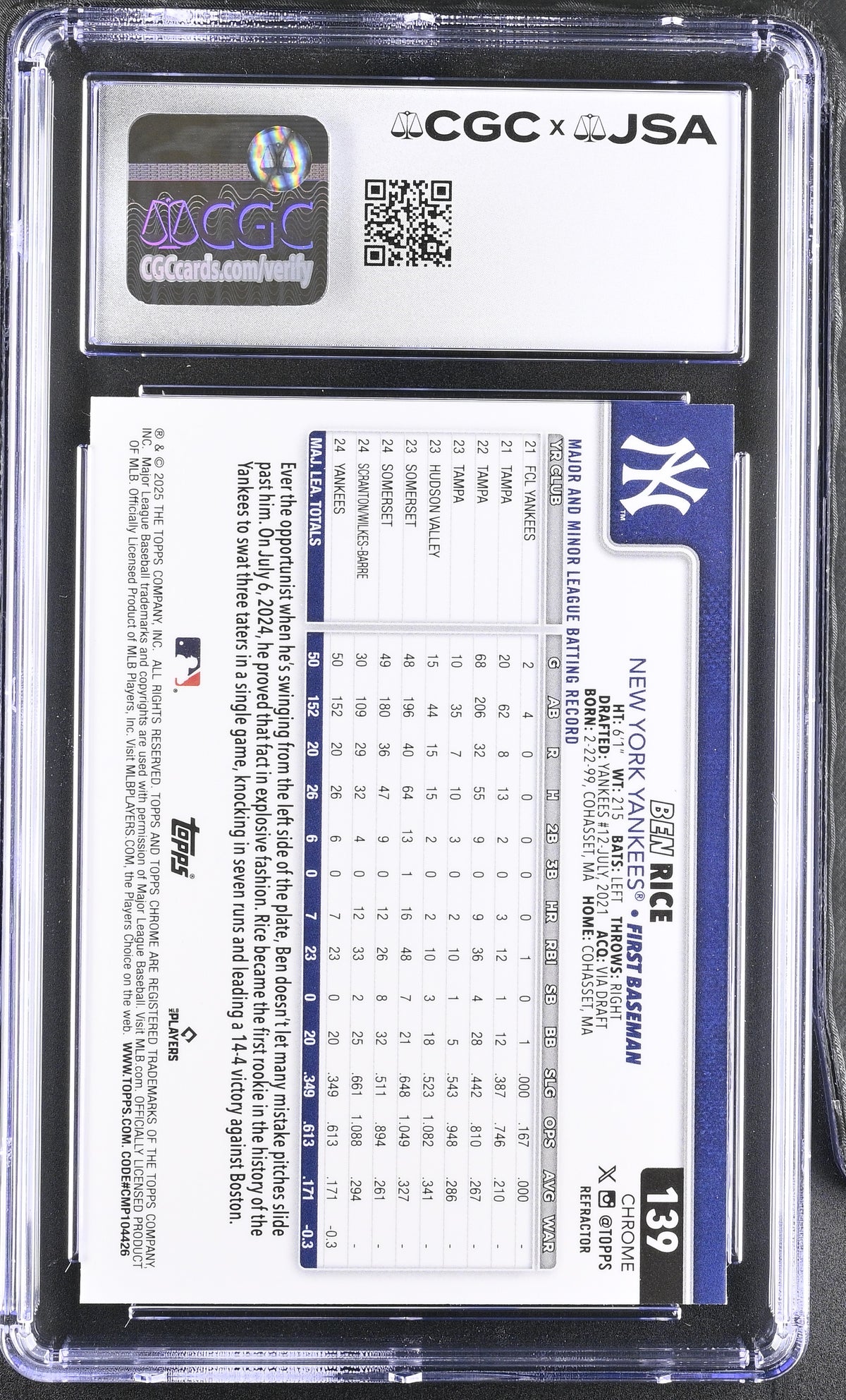 Ben Rice 2025 Topps Chrome Refractor Rookie Card #139 CGC 9 Auto 10 6747004 - additional image