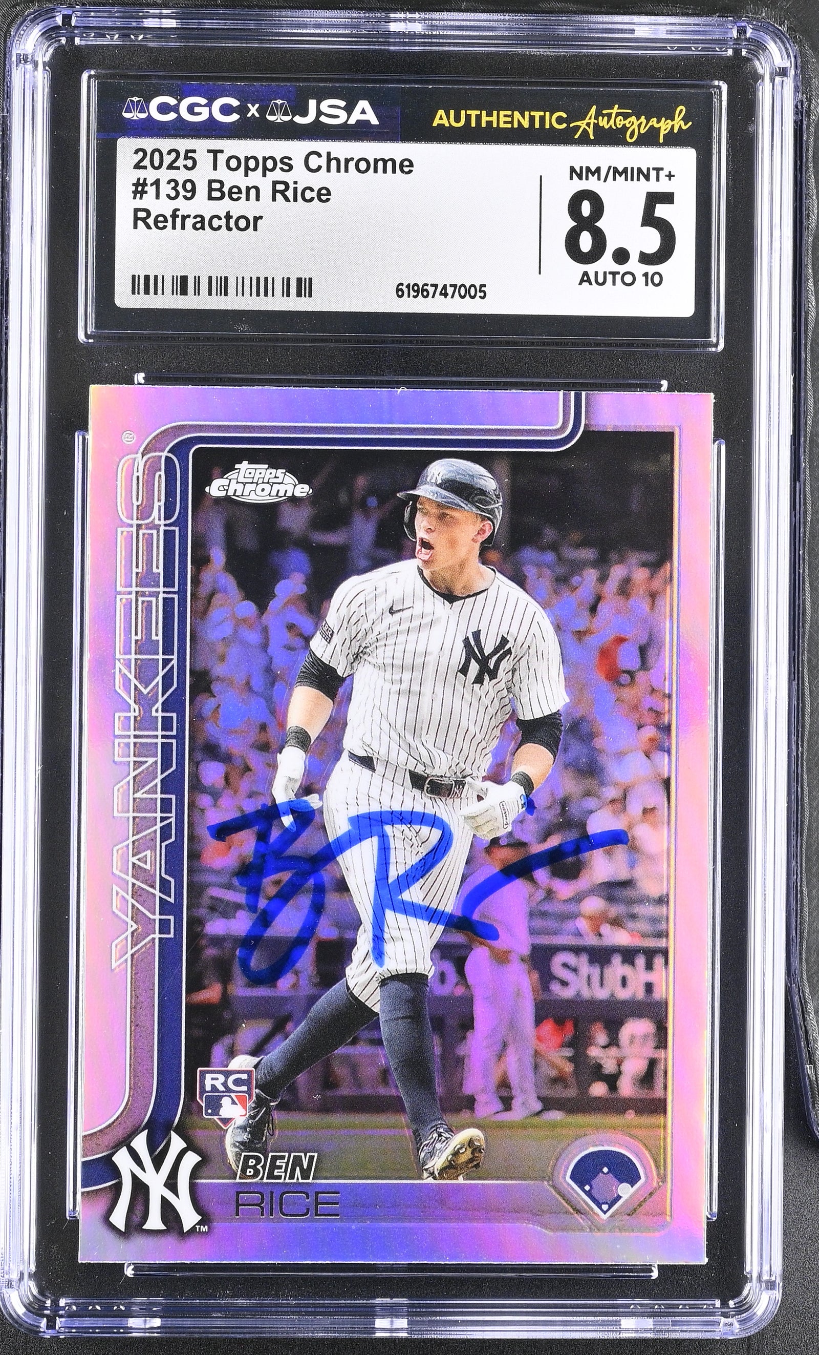 Ben Rice 2025 Topps Chrome Refractor Rookie Card #139 CGC 8.5 Auto 10 47005