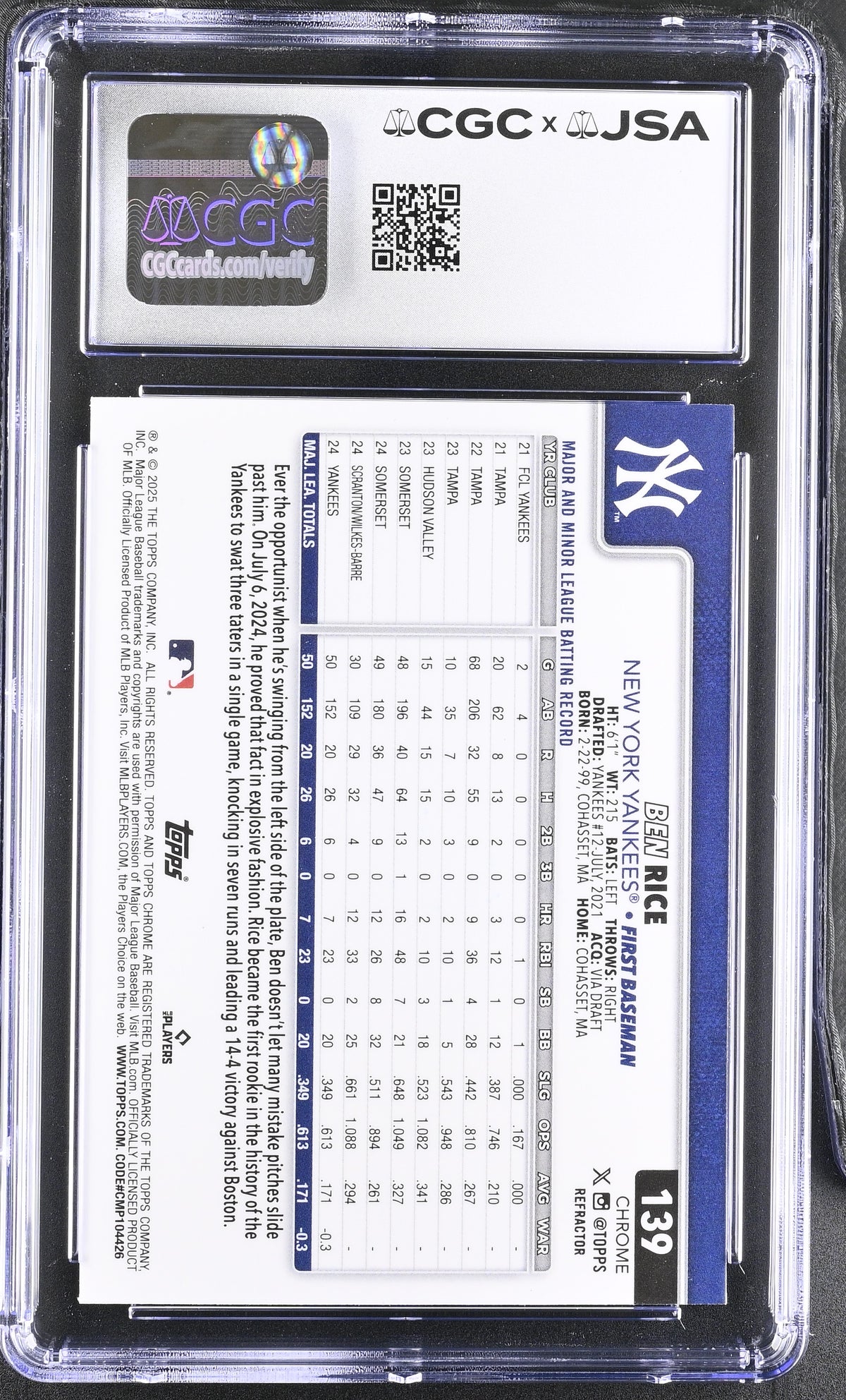 Ben Rice 2025 Topps Chrome Refractor Rookie Card #139 CGC 8.5 Auto 10 47005 - additional image