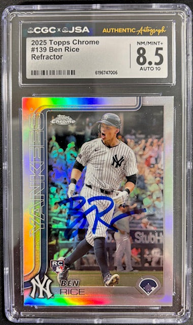 Ben Rice 2025 Topps Chrome Refractor Rookie Card #139 CGC 8.5 Auto 10 47006