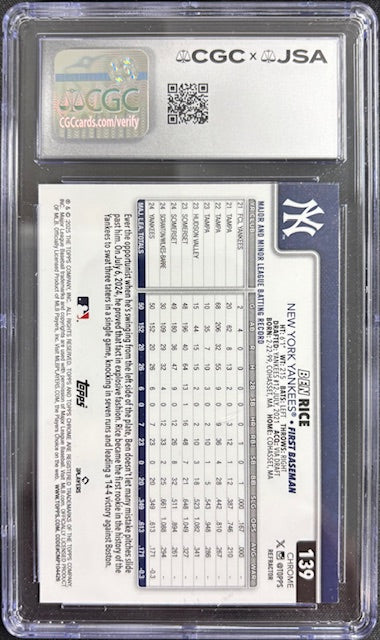 Ben Rice 2025 Topps Chrome Refractor Rookie Card #139 CGC 8.5 Auto 10 47006 - additional image