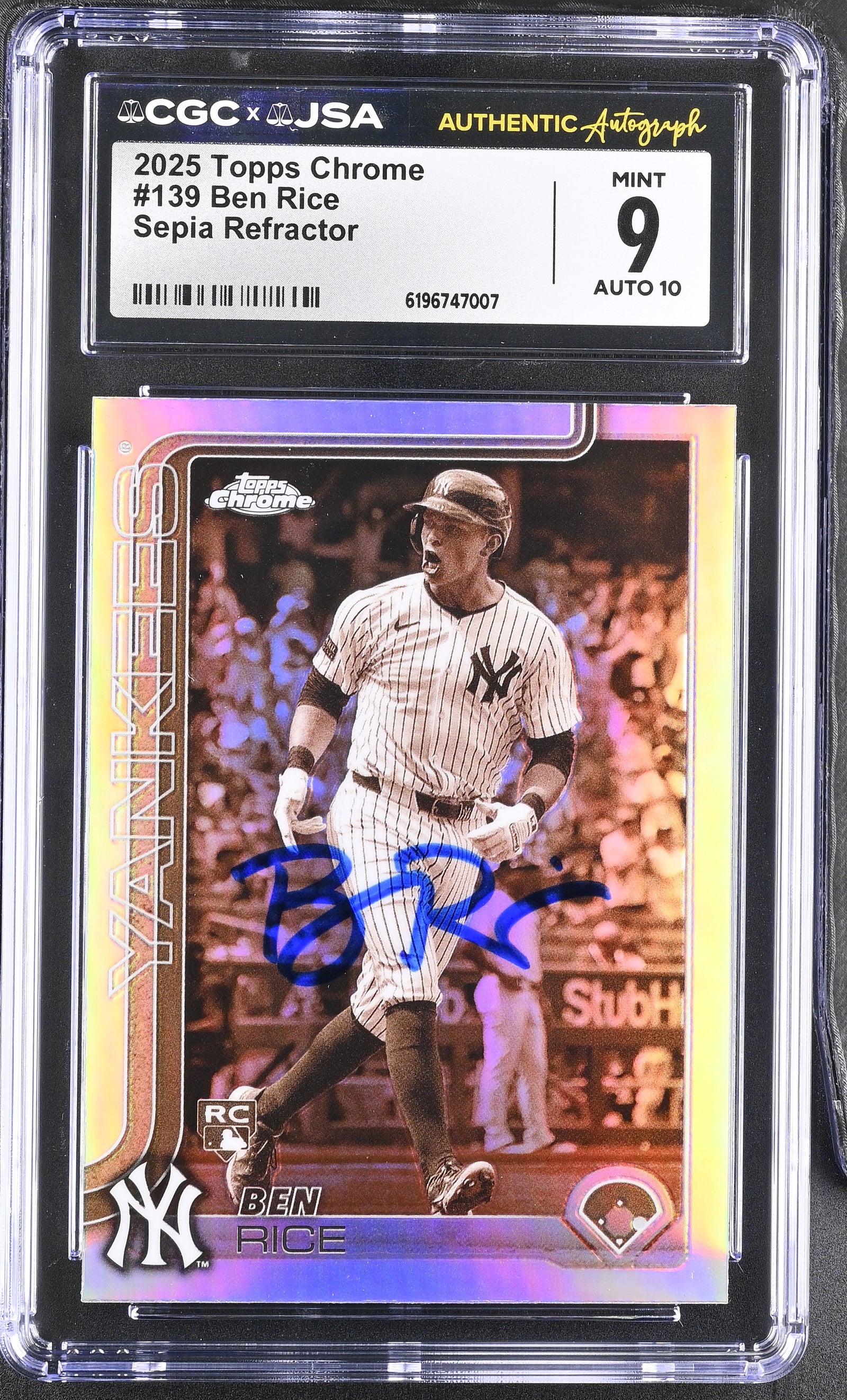 Ben Rice 2025 Topps Chrome Sepia Refractor Rookie Card #139 CGC 9 Auto 10