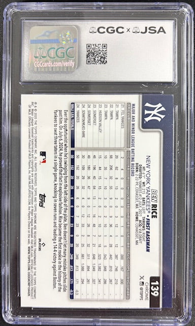 Ben Rice 2025 Topps Chrome Sepia Refractor Rookie Card #139 CGC 8 Auto 10 - additional image