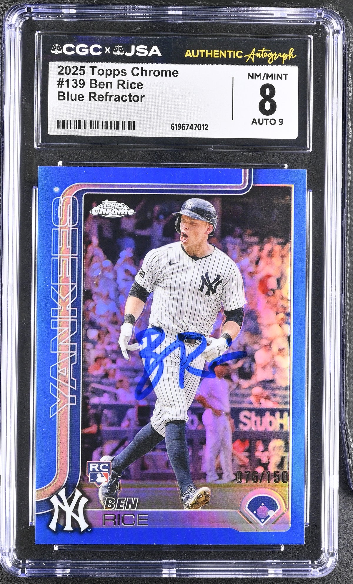 Ben Rice 2025 Topps Chrome Blue Refractor Rookie Card 139 CGC 8 Auto 9 /150-Powers Sports Memorabilia