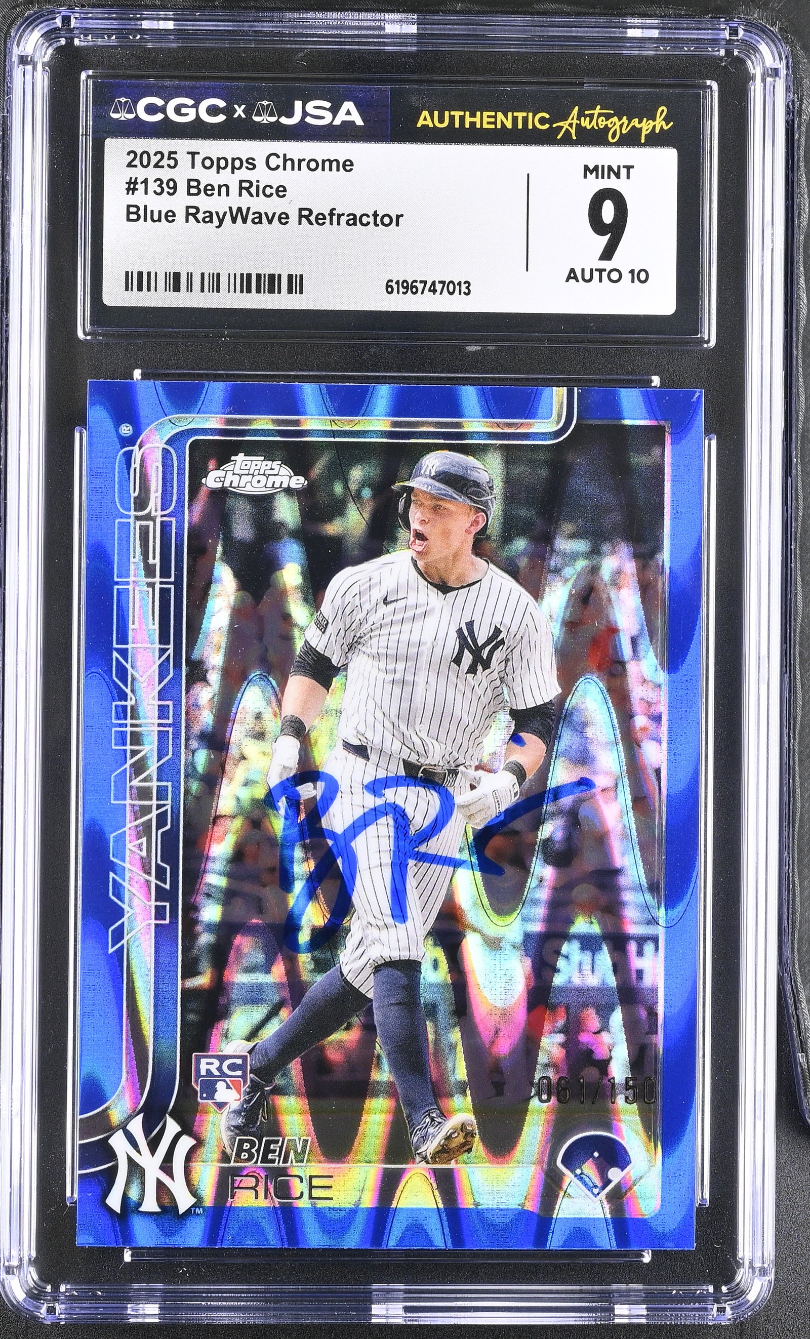 Ben Rice 2025 Topps Chrome Blue RayWave Rookie Card #139 CGC 9 Auto 10 /150