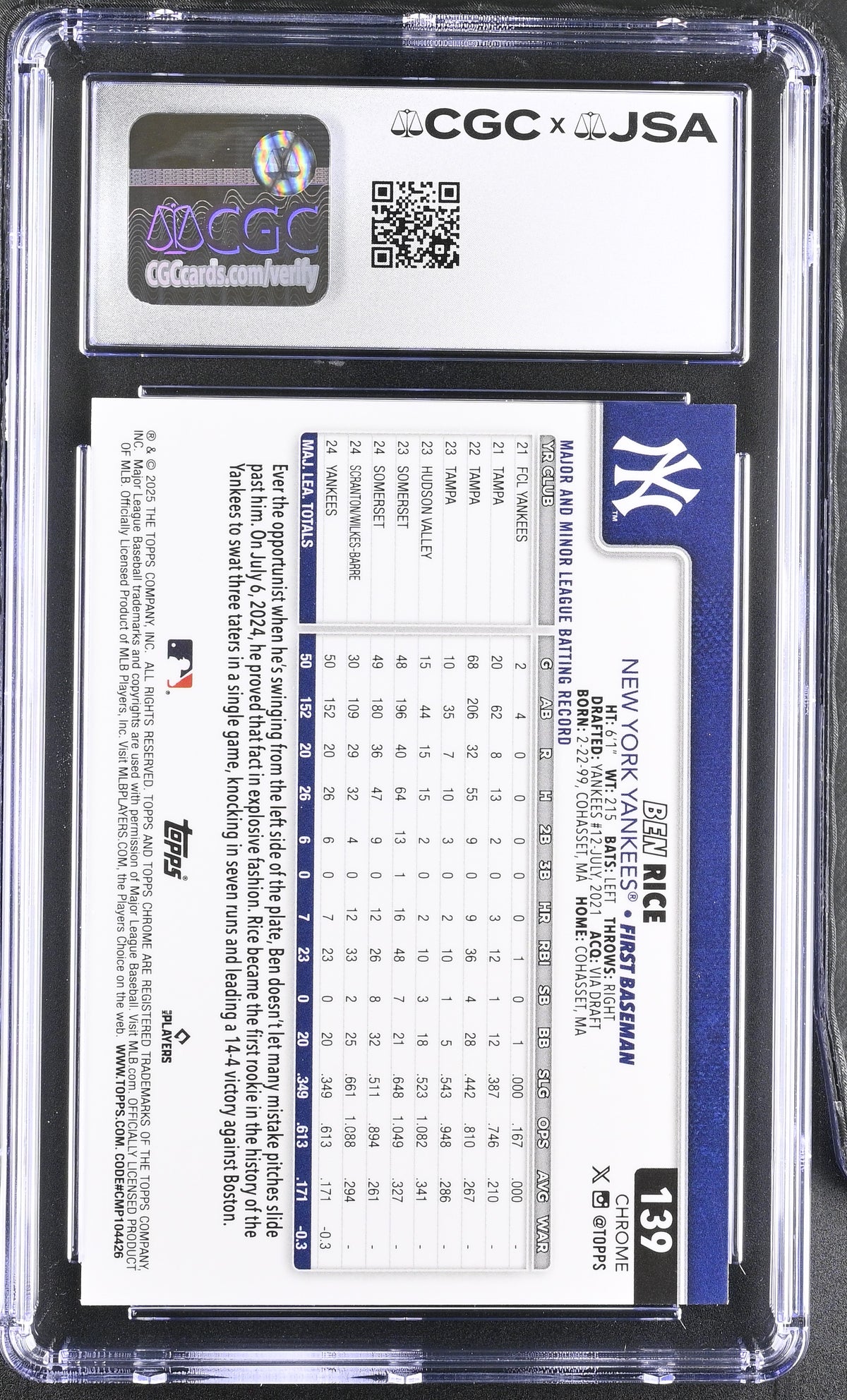 Ben Rice 2025 Topps Chrome Blue RayWave Rookie Card #139 CGC 9 Auto 10 /150 - additional image