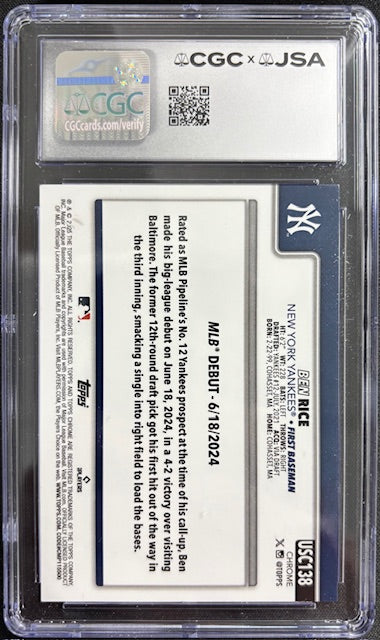 Ben Rice 2025 Topps Chrome Blue Refractor Rookie #USC138 CGC 9 Auto 10 /150-Powers Sports Memorabilia