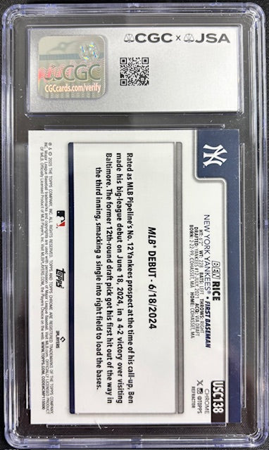 Ben Rice 2025 Topps Chrome Refractor Rookie Card #USC138 CGC 9 Auto 10-Powers Sports Memorabilia