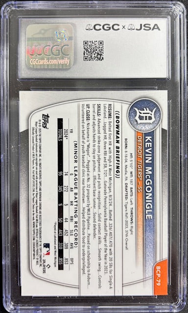 Kevin McGonigle 2025 Bowman Chrome Rookie Card #BCP-79 CGC 9 Auto 10 - additional image