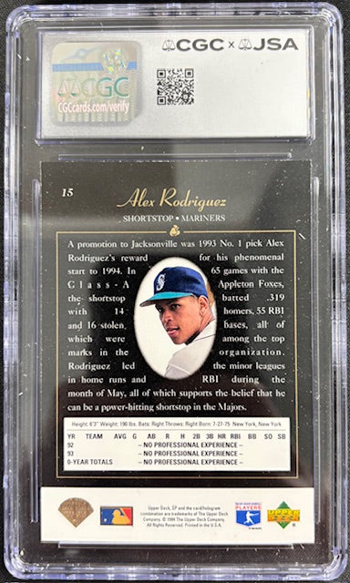 Alex Rodriguez 1994 SP Premier Rookie Card #15 CGC 7 Auto 10-Powers Sports Memorabilia