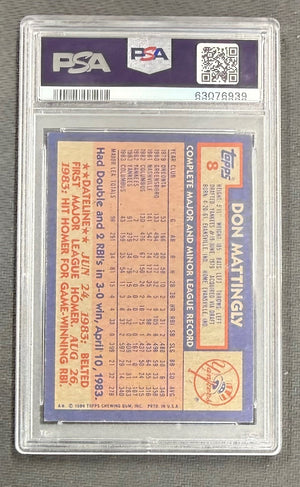 Don Mattingly 1984 Topps Baseball Rookie Card #8 Graded PSA 8 Cert #63076939-Powers Sports Memorabilia