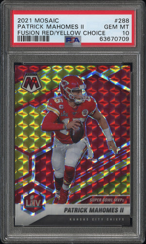Patrick Mahomes II 2021 Mosaic Fusion Red Yellow Choice Super Bowl MVPs Kansas City Chiefs Football Card #288 Graded PSA 10 Cert #63670709 64/80-Powers Sports Memorabilia