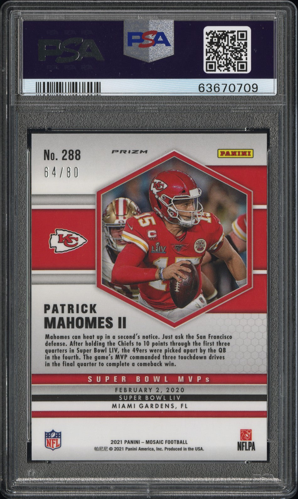 Patrick Mahomes II 2021 Mosaic Fusion Red Yellow Choice Super Bowl MVPs Kansas City Chiefs Football Card #288 Graded PSA 10 Cert #63670709 64/80-Powers Sports Memorabilia