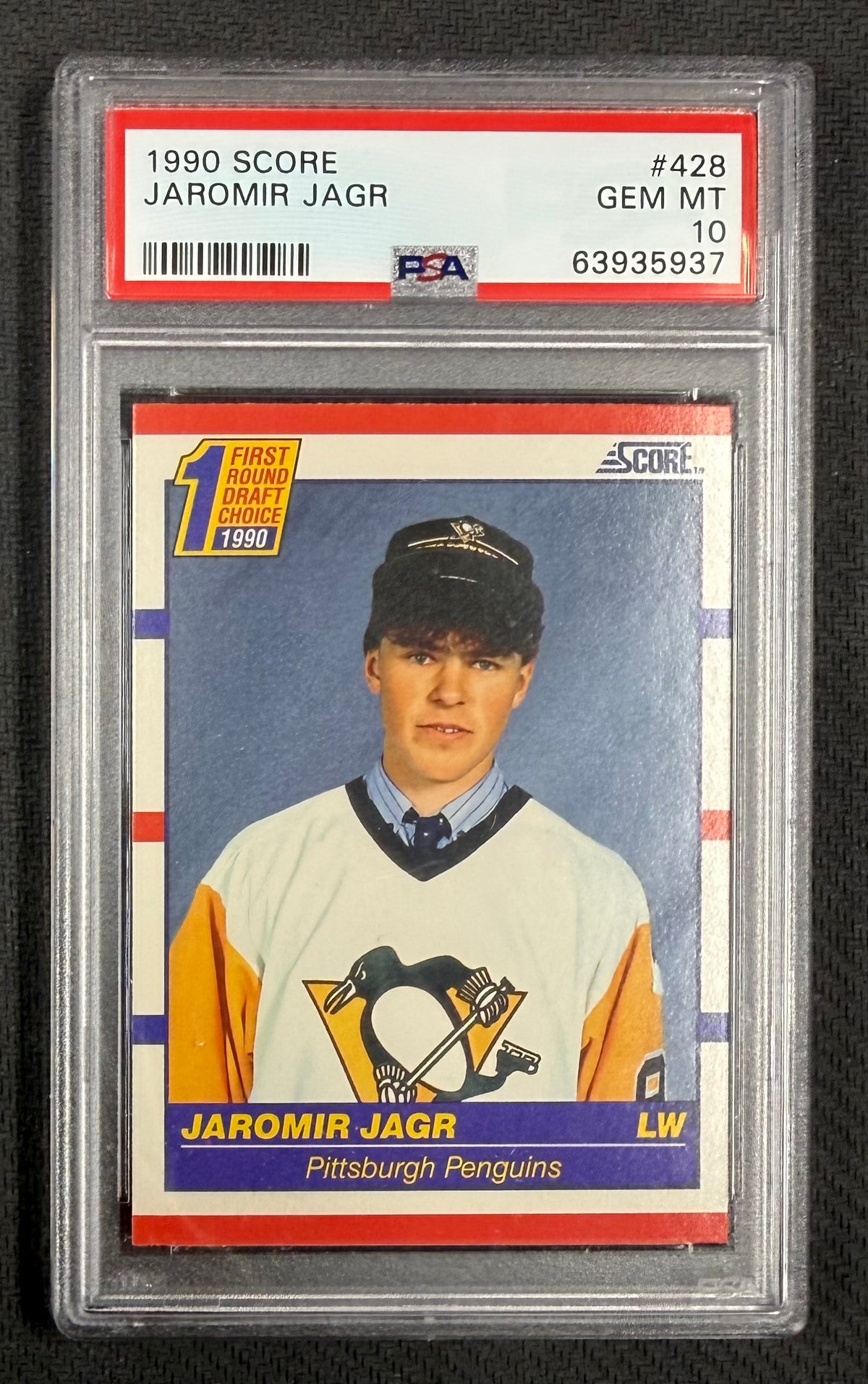 Jaromir Jagr 1990 Score Pittsburgh Penguins Hockey Rookie Card RC #428 Graded PSA 10 Cert #63935937-Powers Sports Memorabilia