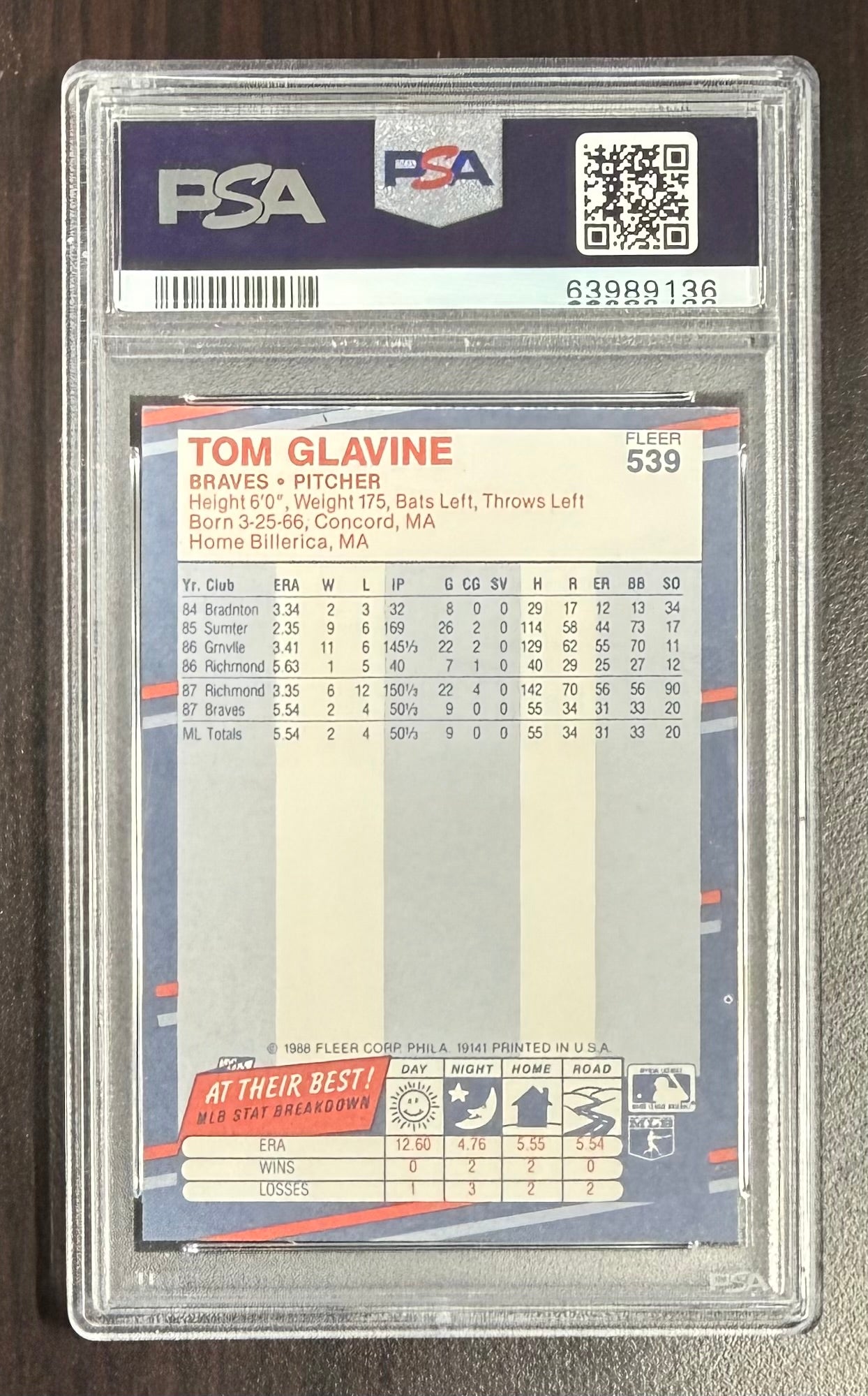 Tom Glavine 1988 Fleer Atlanta Braves Baseball RC Rookie Card #539 Graded PSA 10 Cert #63989136
