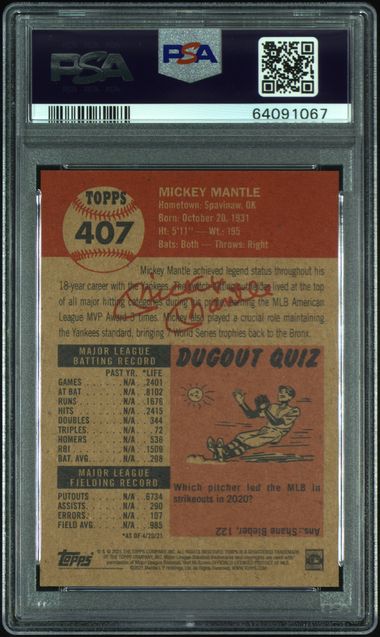Mickey Mantle 2021 Topps Living Baseball Card #407 Graded PSA 10-Powers Sports Memorabilia