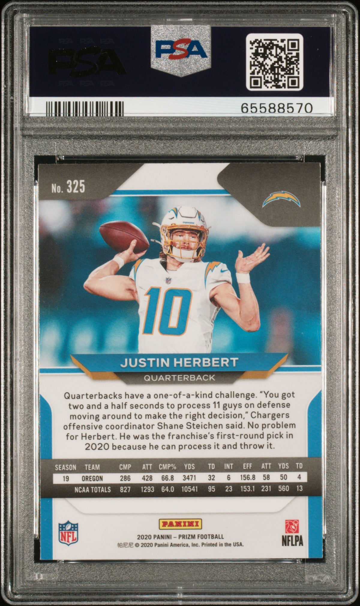 Justin Herbert 2020 Panini Prizm Los Angeles Chargers Football RC Rookie Card #325 Graded PSA 10 Cert #65588570-Powers Sports Memorabilia