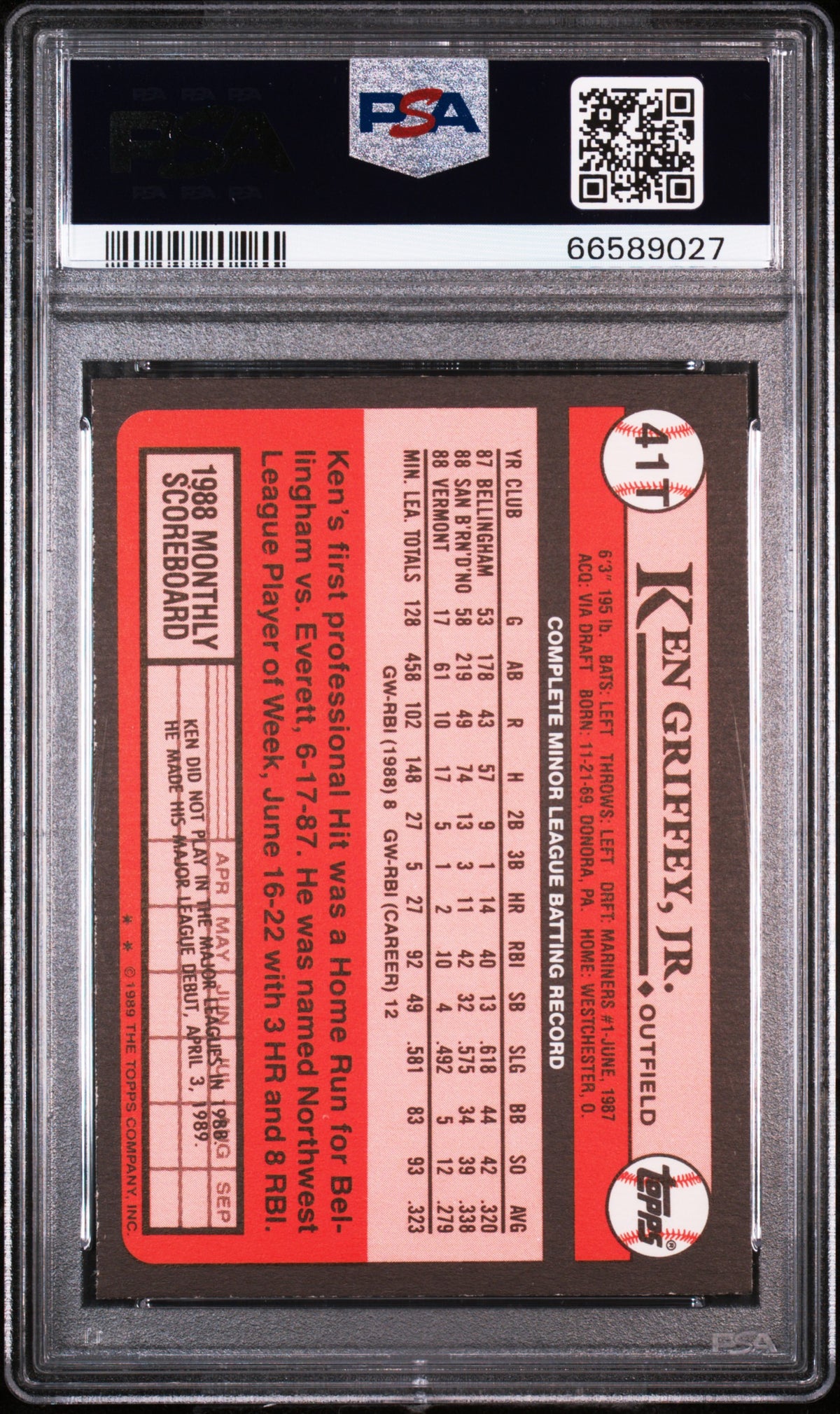 Ken Griffey Jr. 1989 Topps Traded Seattle Mariners Baseball RC Rookie Card RC #41T Graded PSA 8 Cert #66589027-Powers Sports Memorabilia