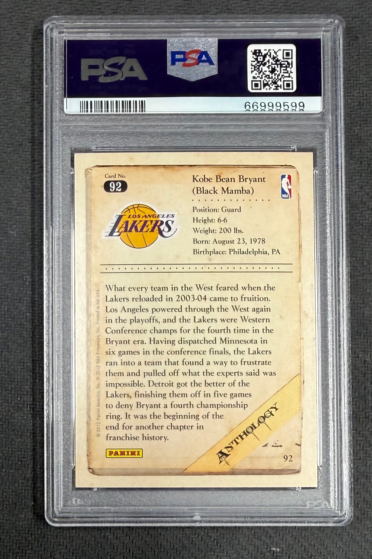 Kobe Bryant 2012 Panini Kobe Anthology Los Angeles Lakers Basketball Card #92 Graded PSA 10 Cert #66999599