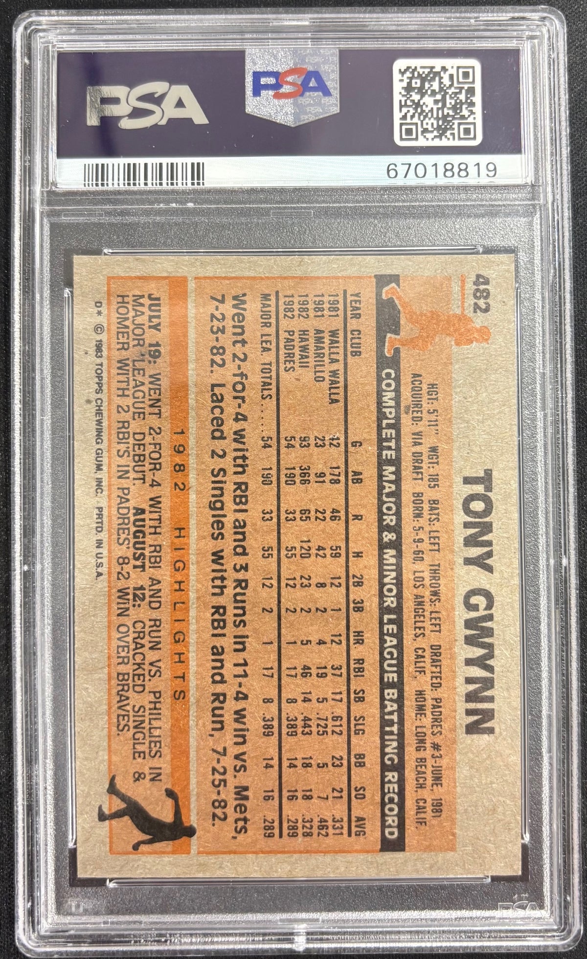 Tony Gwynn 1983 Topps San Diego Padres Baseball RC Rookie Card #482 Graded PSA 8 Cert #67018819-Powers Sports Memorabilia
