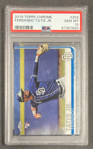 Fernando Tatis Jr. 2019 Topps Chrome San Diego Padres Baseball Rookie Card RC #203 Graded PSA 10 Cert #67357620-Powers Sports Memorabilia