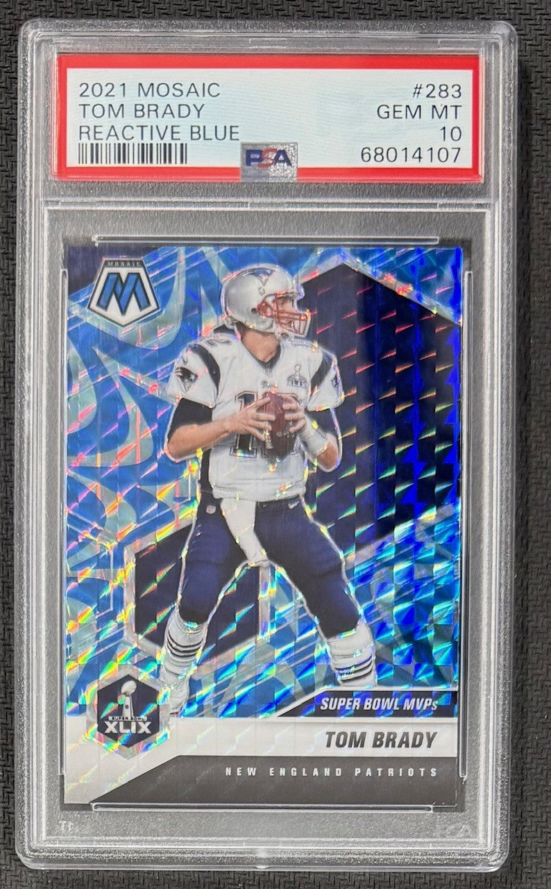 Tom Brady 2021 Panini Mosaic Reactive Blue Football Card #283 Graded PSA 10-Powers Sports Memorabilia