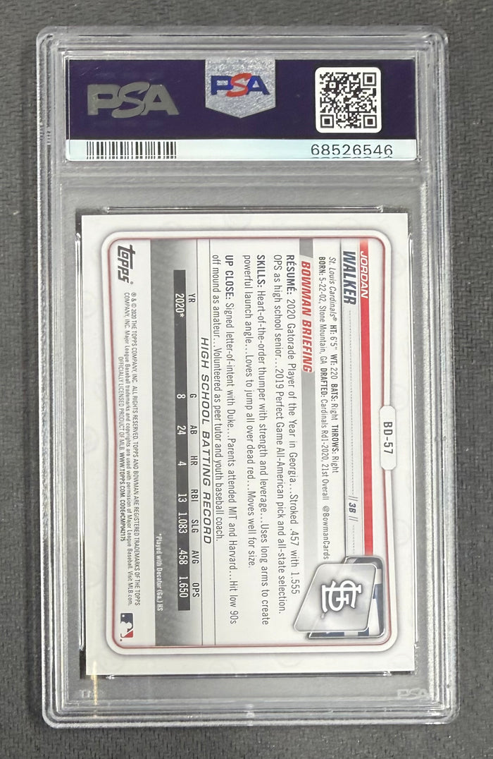 Jordan Walker 2020 Bowman Draft 1st Bowman St. Louis Cardinals Baseball Prospect RC Rookie Card #BD57 Graded PSA 10 Cert #68526546-Powers Sports Memorabilia