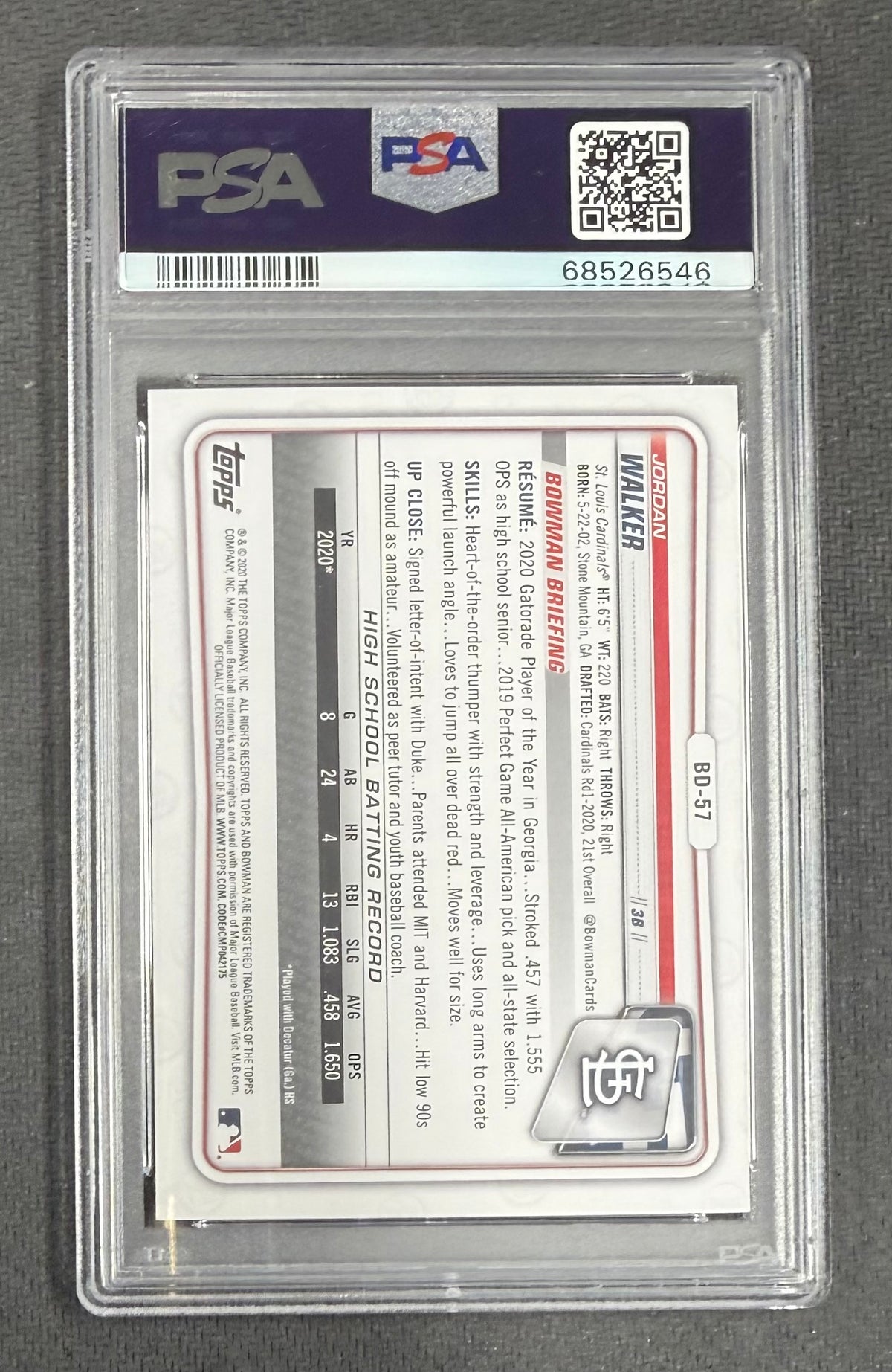 Jordan Walker 2020 Bowman Draft 1st Bowman St. Louis Cardinals Baseball Prospect RC Rookie Card #BD57 Graded PSA 10 Cert #68526546-Powers Sports Memorabilia
