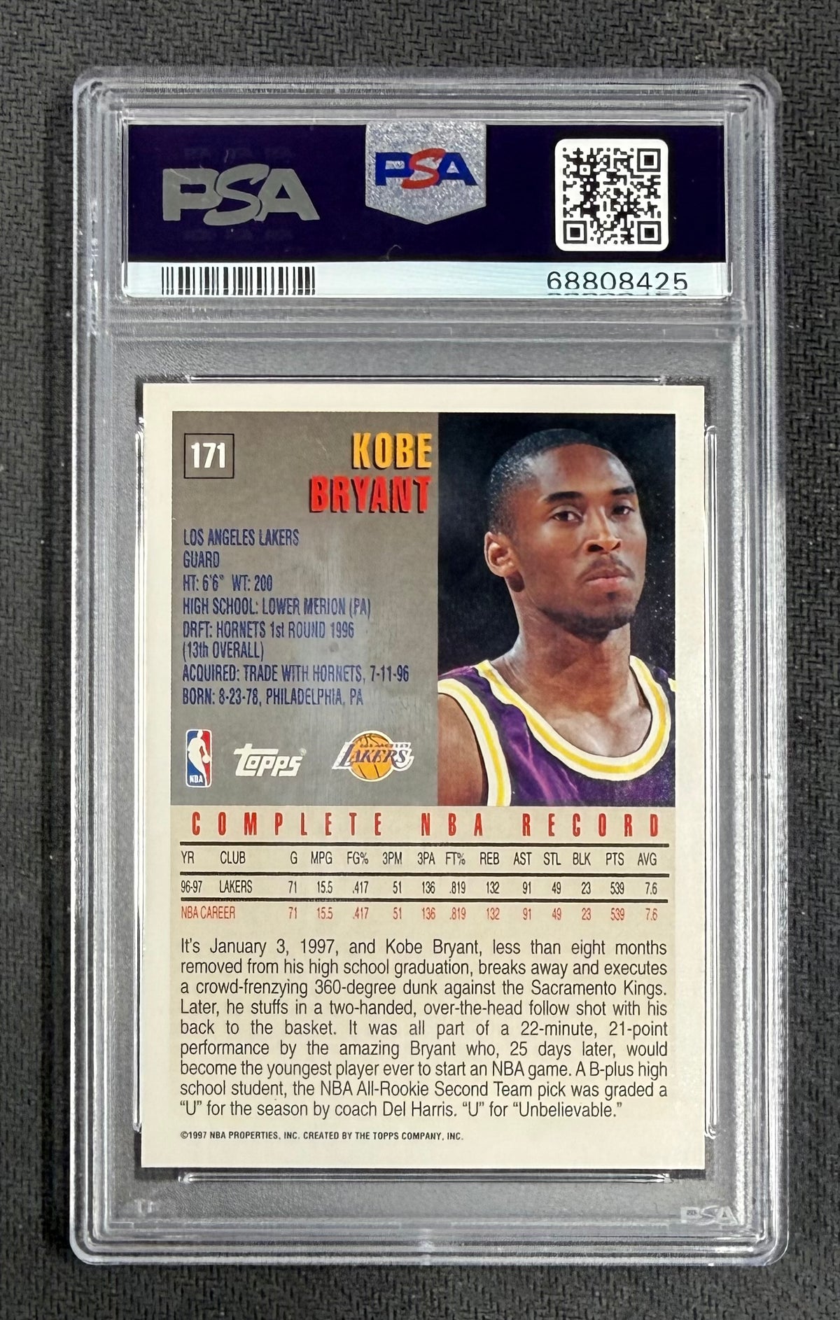 Kobe Bryant 1997 Topps Los Angeles Lakers Basketball Card #171 Graded PSA 9 Cert #68808425-Powers Sports Memorabilia