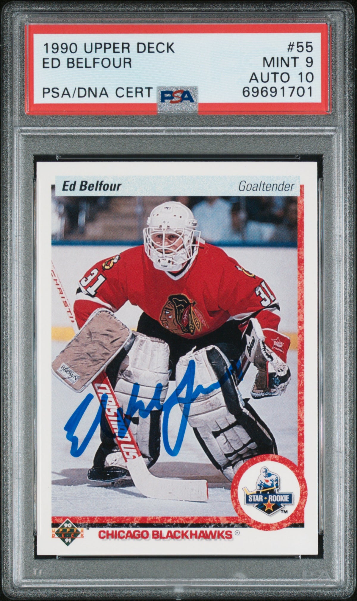 Ed Belfour 1990 Upper Deck Signed Hockey Rookie Card #55 Graded PSA 9 Auto 10-Powers Sports Memorabilia