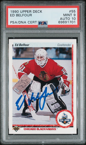 Ed Belfour 1990 Upper Deck Signed Hockey Rookie Card #55 Graded PSA 9 Auto 10-Powers Sports Memorabilia