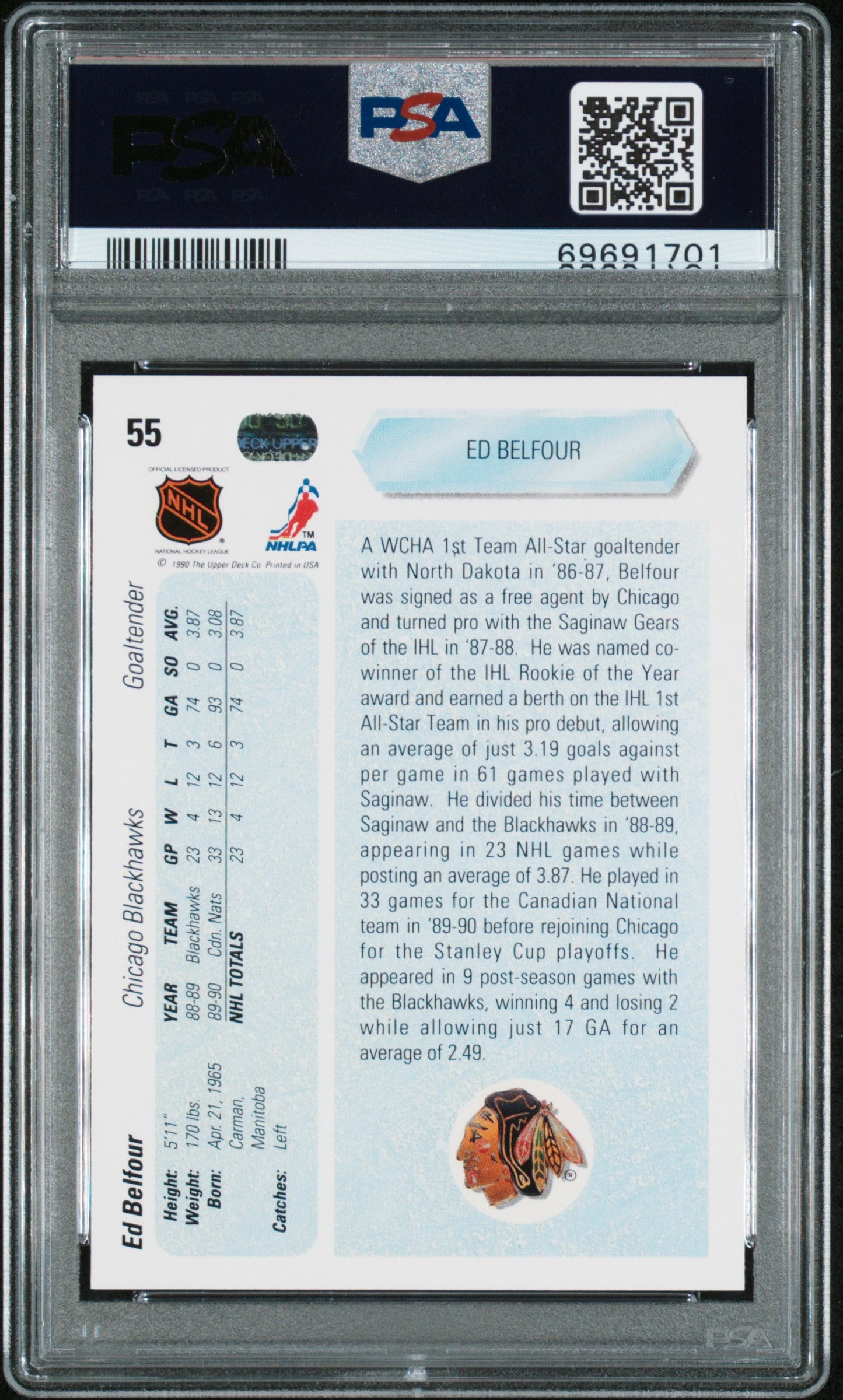 Ed Belfour 1990 Upper Deck Signed Hockey Rookie Card #55 Graded PSA 9 Auto 10-Powers Sports Memorabilia