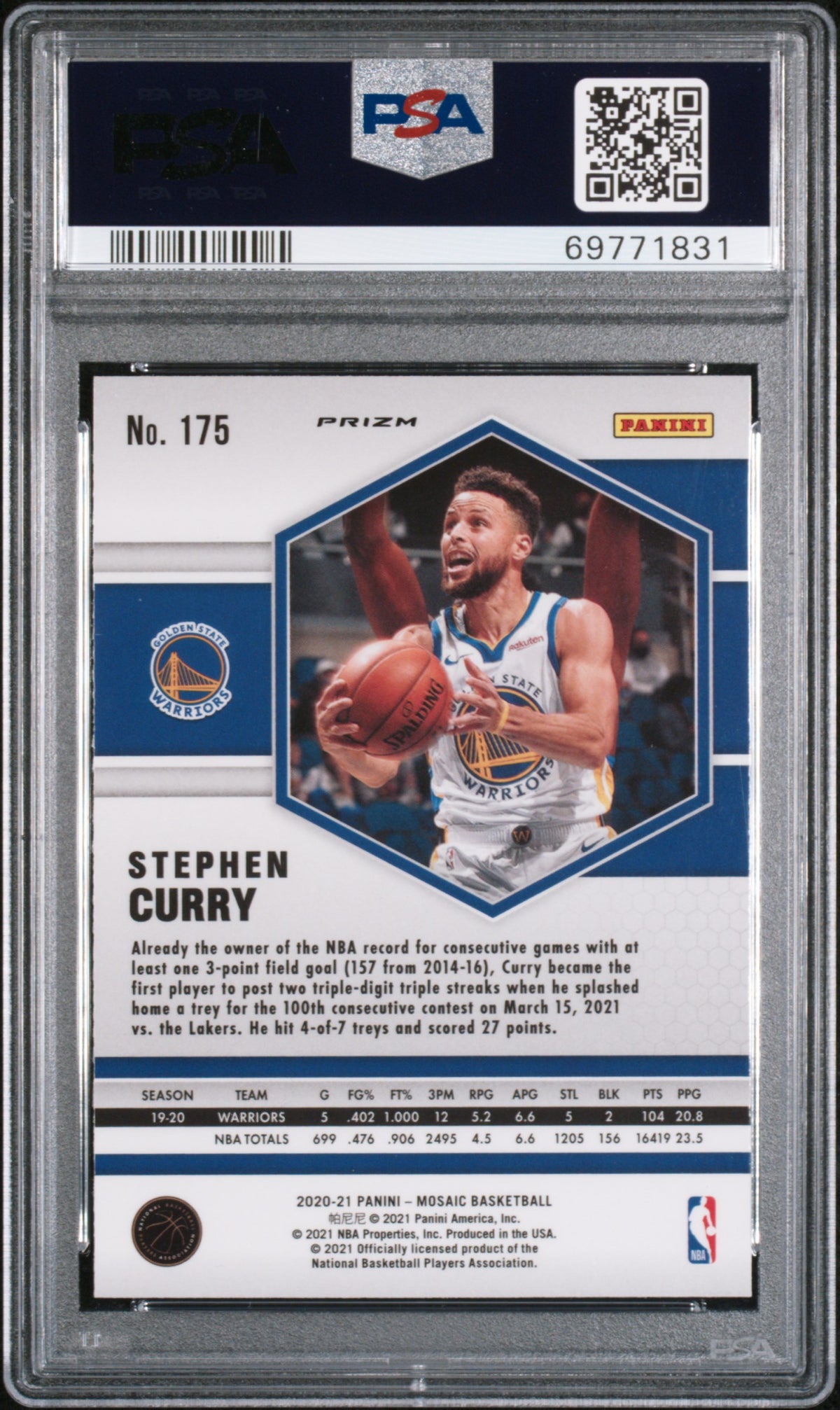 Stephen Curry 2020 Panini Mosaic Reactive Yellow Golden State Warriors Basketball Card #175 Graded PSA 10 Cert #69771831-Powers Sports Memorabilia
