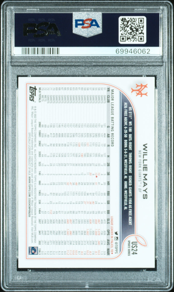 Willie Mays 2022 Topps Update SP New York Giants Baseball Card #US24 Graded PSA 10 Cert #69946062-Powers Sports Memorabilia