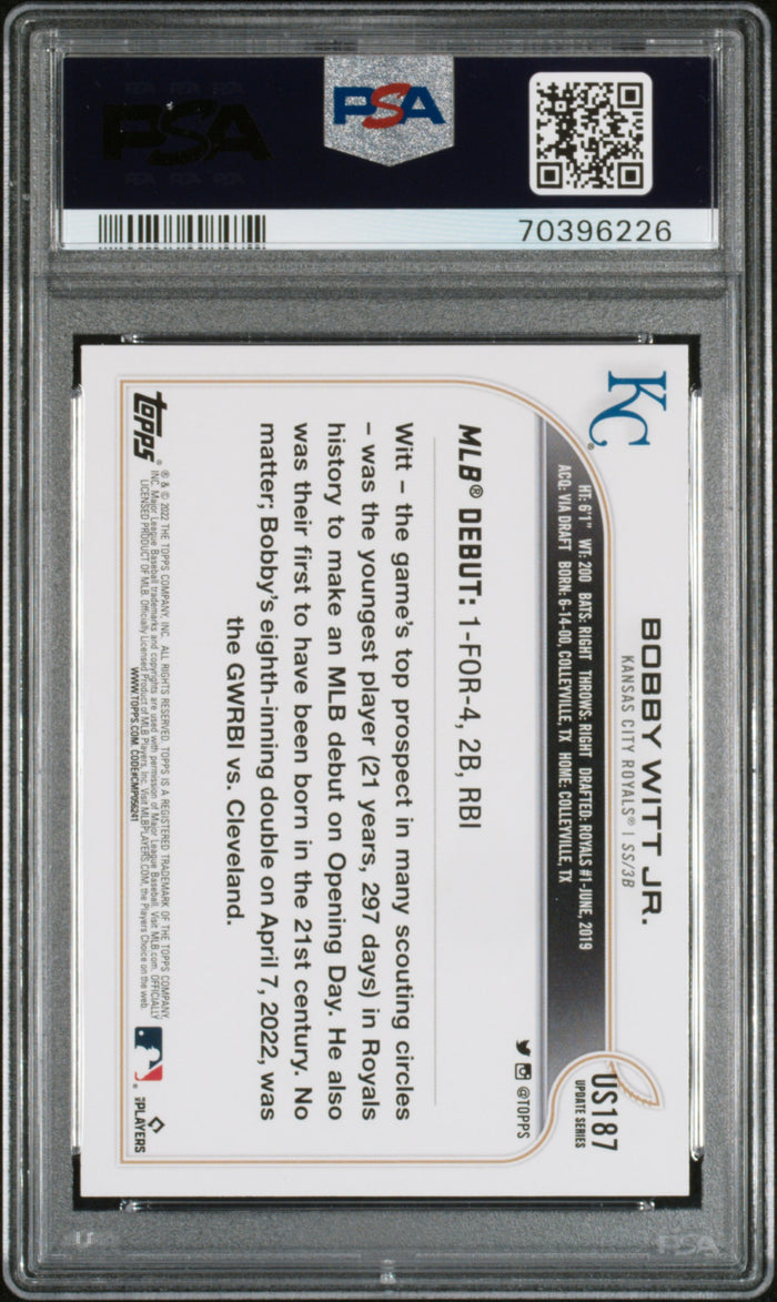 Bobby Witt Jr. 2022 Topps Update Rookie Debut Kansas City Royals Baseball RC Card #US187 Graded PSA 10 Cert #70396226-Powers Sports Memorabilia