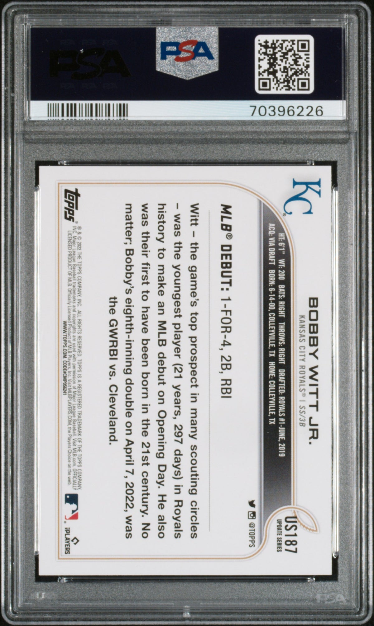 Bobby Witt Jr. 2022 Topps Update Rookie Debut Kansas City Royals Baseball RC Card #US187 Graded PSA 10 Cert #70396226-Powers Sports Memorabilia