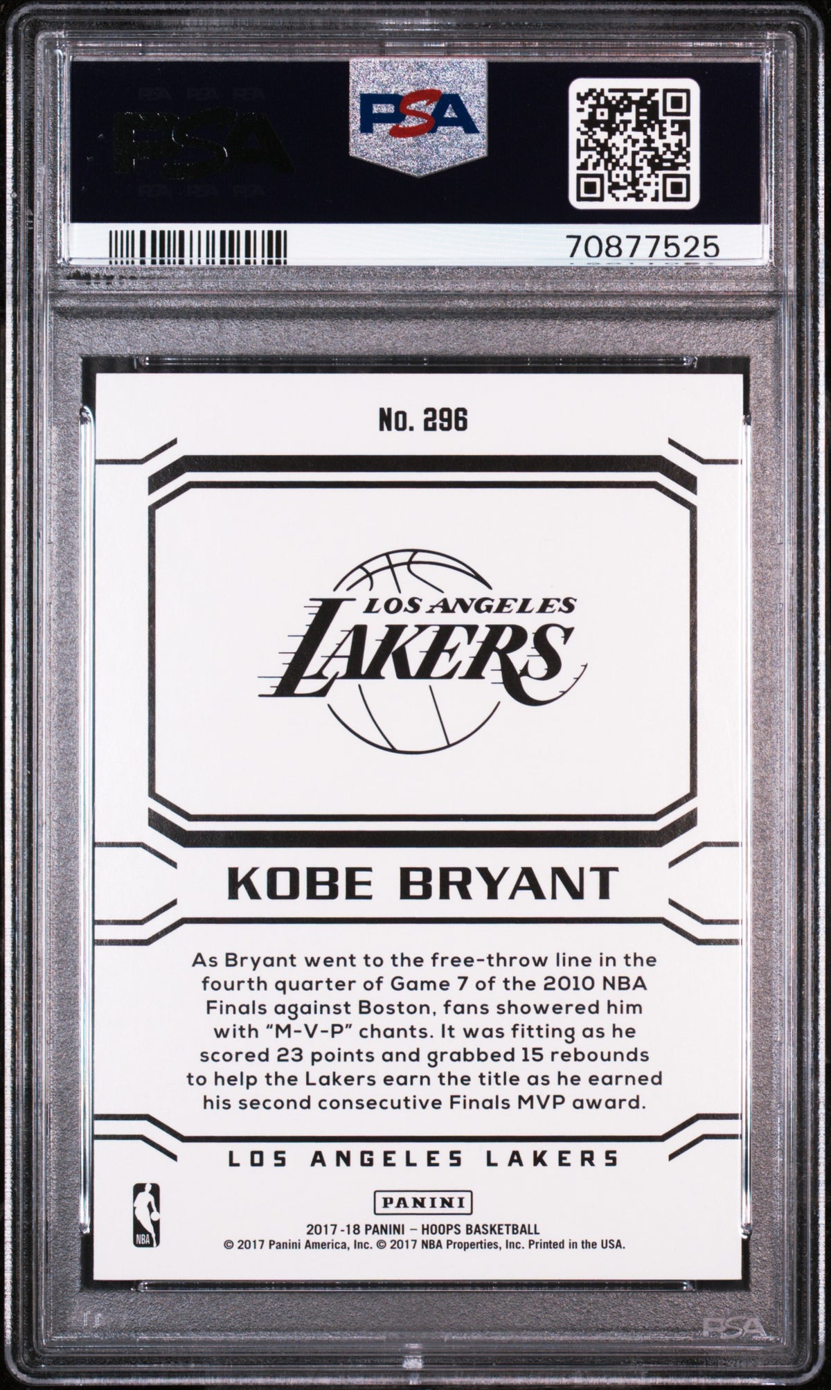 Kobe Bryant 2017 Panini Hoops Basketball Card #296 Graded PSA 10 Cert #70877525-Powers Sports Memorabilia