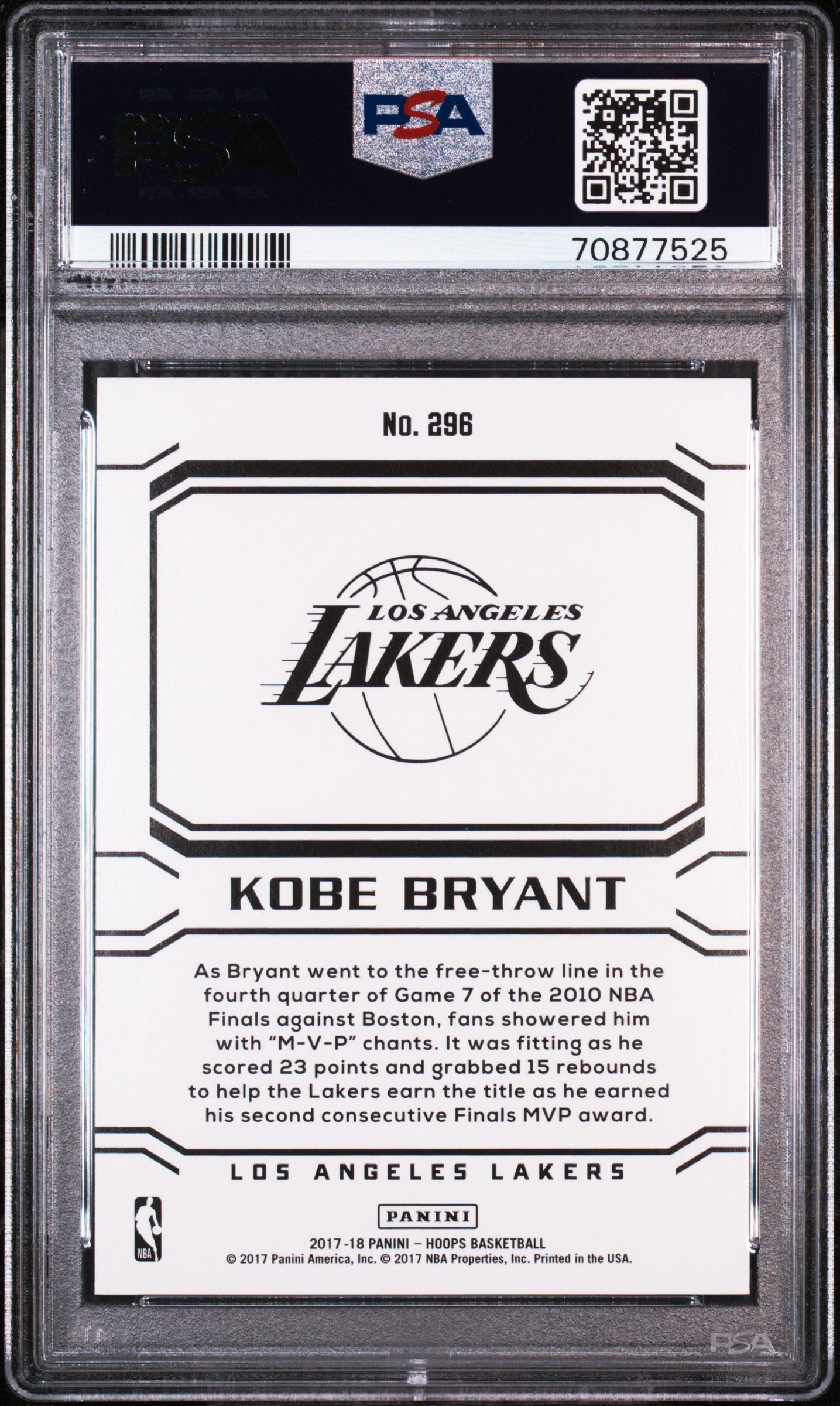 Kobe Bryant 2017 Panini Hoops Basketball Card #296 Graded PSA 10 Cert #70877525-Powers Sports Memorabilia