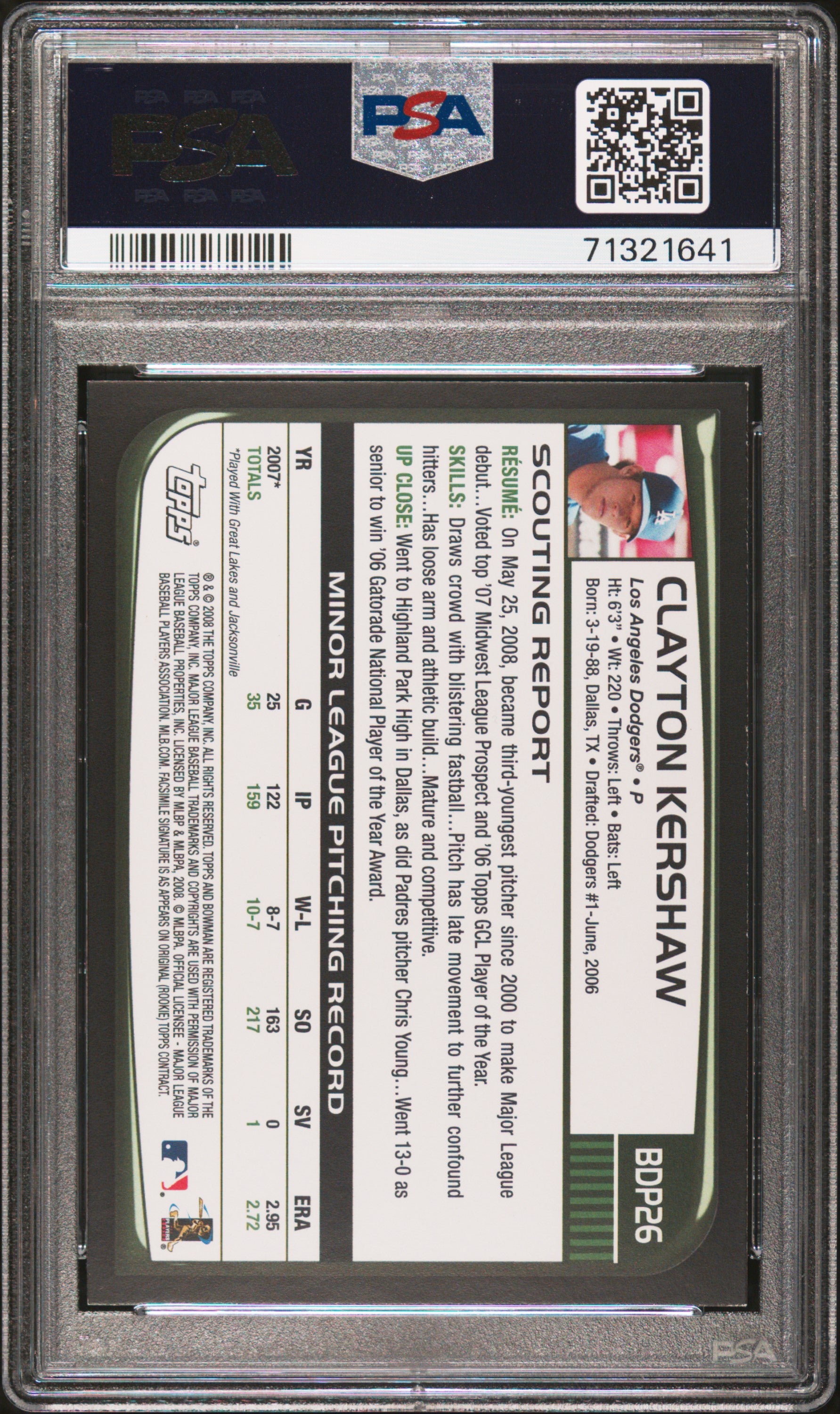 Clayton Kershaw 2008 Bowman Draft Baseball Rookie Card #BDP26 Graded PSA 7 71321641-Powers Sports Memorabilia