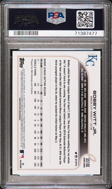 Bobby Witt Jr. 2022 Topps Update Kansas City Royals Baseball RC Rookie Card #US100 Graded PSA 10 Cert #71387477