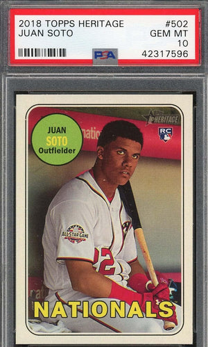 Juan Soto 2018 Topps Heritage Baseball Rookie Card RC #502 Graded PSA 10 GEM MINT-Powers Sports Memorabilia