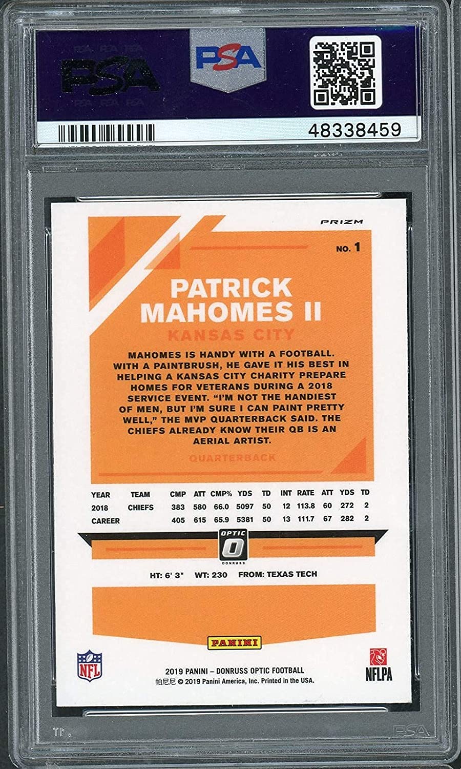 Patrick Mahomes 2019 Panini Donruss Optic Holo Prizm Card #1 Graded PSA 10-Powers Sports Memorabilia