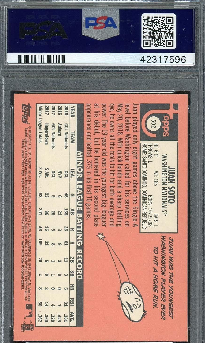 Juan Soto 2018 Topps Heritage Baseball Rookie Card RC #502 Graded PSA 10 GEM MINT-Powers Sports Memorabilia