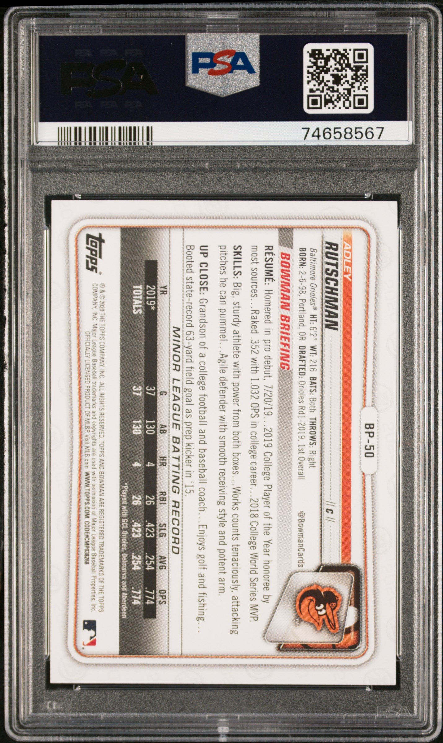 Adley Rutschman 2020 Bowman Paper Prospects Baseball Rookie Card BF50 Graded PSA 10-Powers Sports Memorabilia
