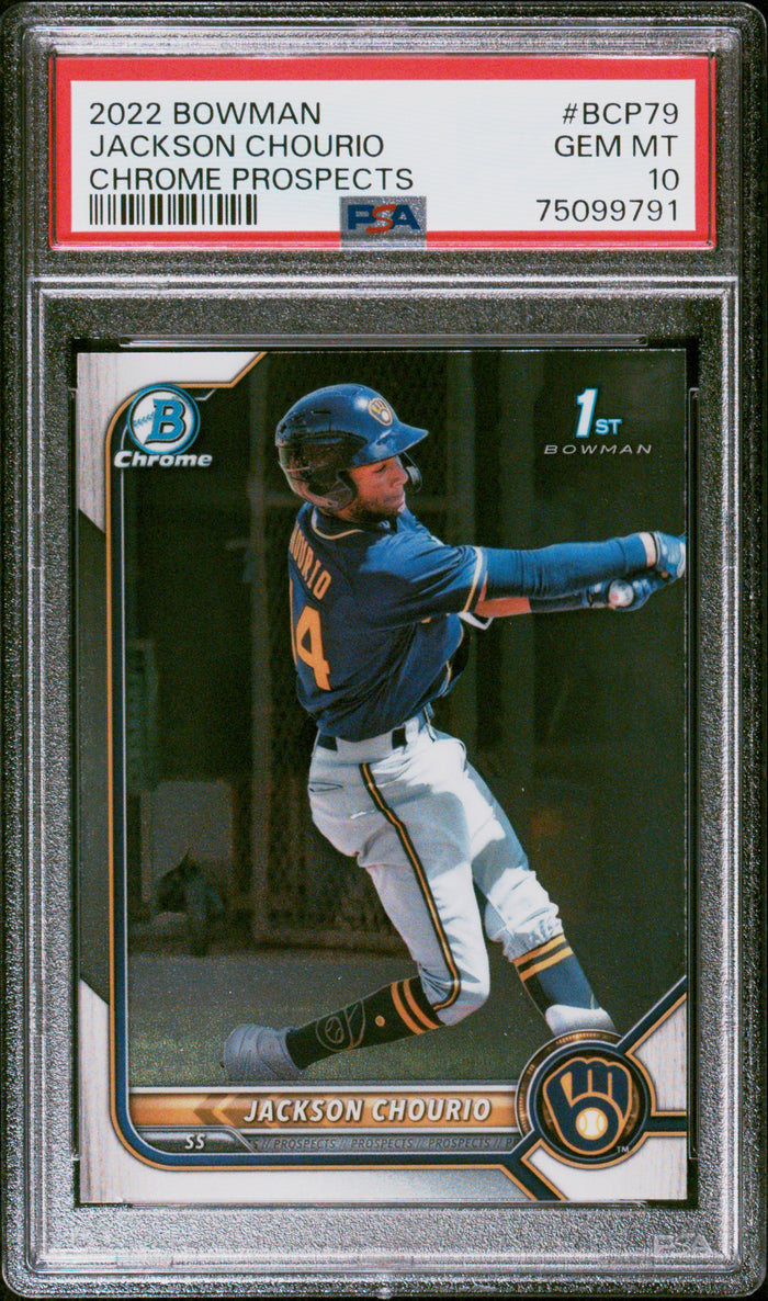 Jackson Chourio 2022 Bowman Chrome Prospects 1st Bowman Milwaukee Brewers Baseball RC Rookie Card #BCP79 Graded PSA 10 Cert #75099791-Powers Sports Memorabilia