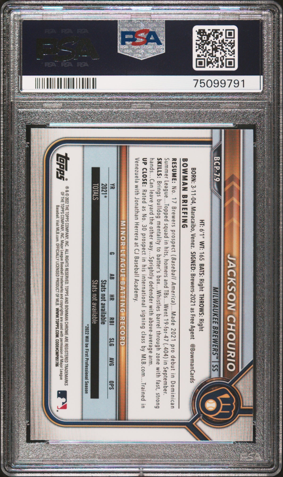 Jackson Chourio 2022 Bowman Chrome Prospects 1st Bowman Milwaukee Brewers Baseball RC Rookie Card #BCP79 Graded PSA 10 Cert #75099791-Powers Sports Memorabilia