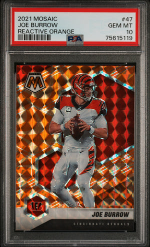 Joe Burrow 2021 Panini Mosaic Reactive Orange Football Card #47 Graded PSA 10-Powers Sports Memorabilia